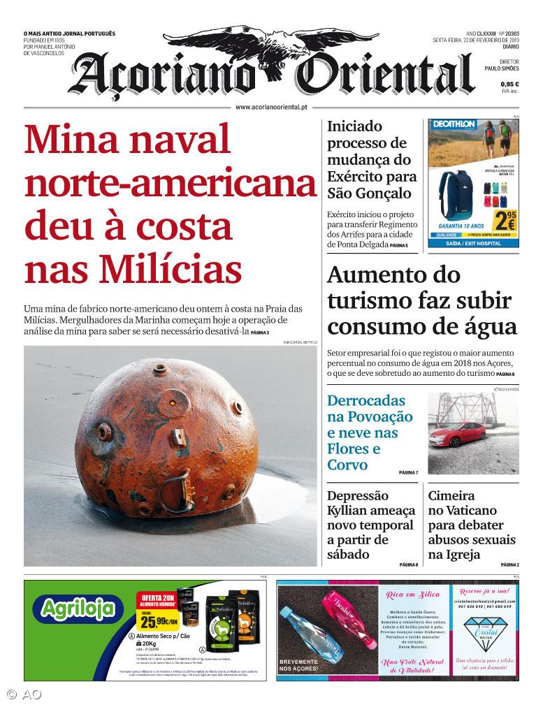 "Mina naval norte-americana deu à costa nas Milícias" é a manchete do Açoriano Oriental – Imagem 1