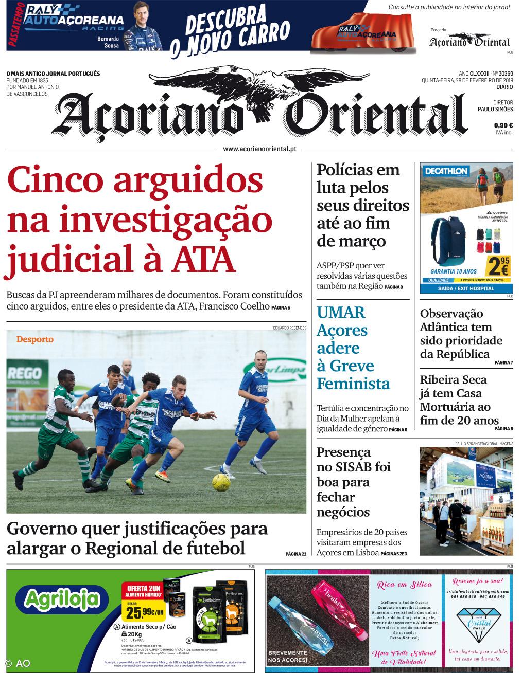 "Cinco arguidos na investigação judicial à ATA" é a manchete do Açoriano Oriental – Imagem 1