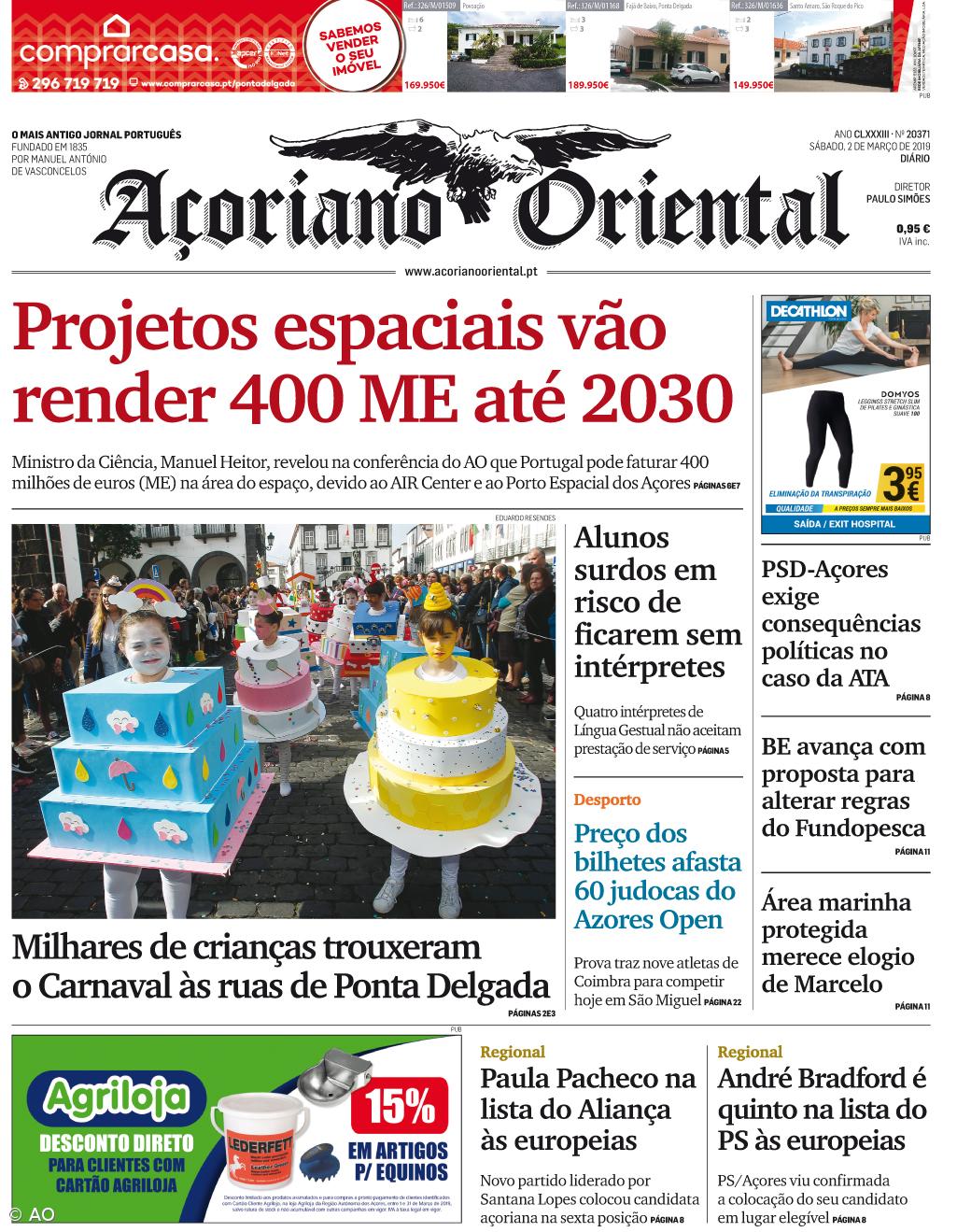 "Projetos espaciais vão render 400 ME até 2030" é a manchete do Açoriano Oriental – Imagem 1