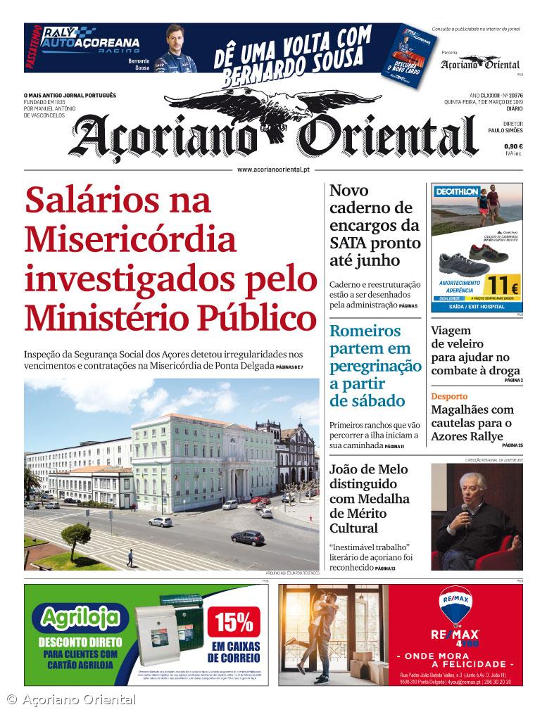 "Salários na Misericórdia investigados pelo Ministério Público" é a manchete do Açoriano Oriental – Imagem 1