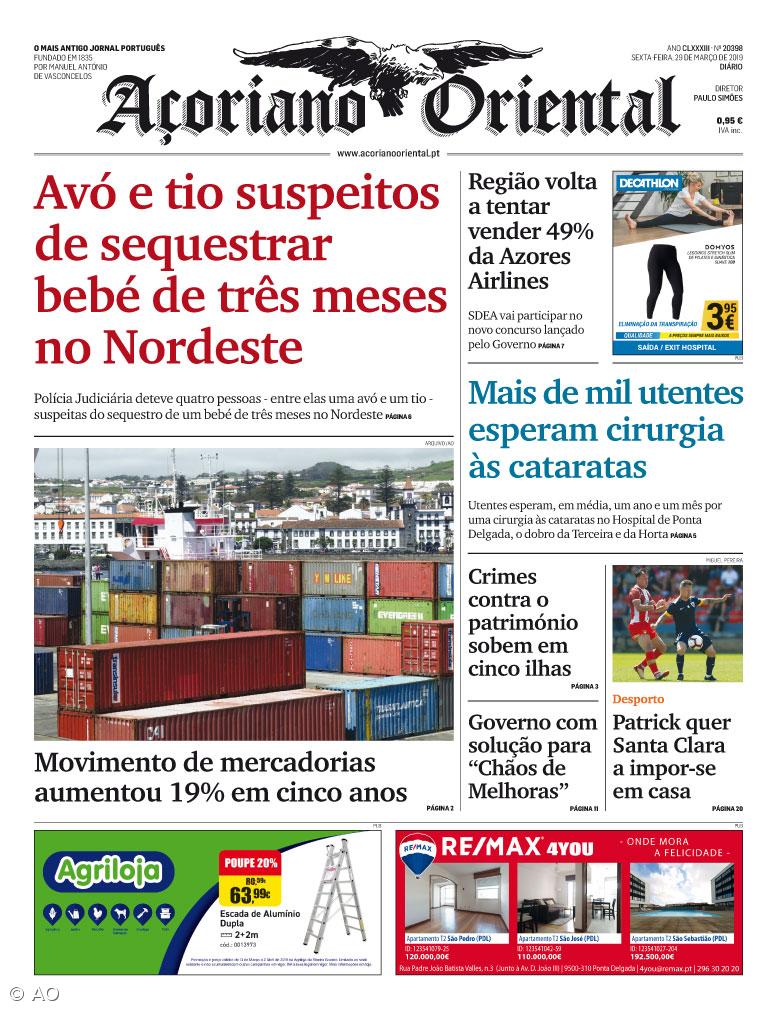 "Avó e tio suspeitos de sequestrar bebé de três meses no Nordeste" é a manchete do Açoriano Oriental – Imagem 1