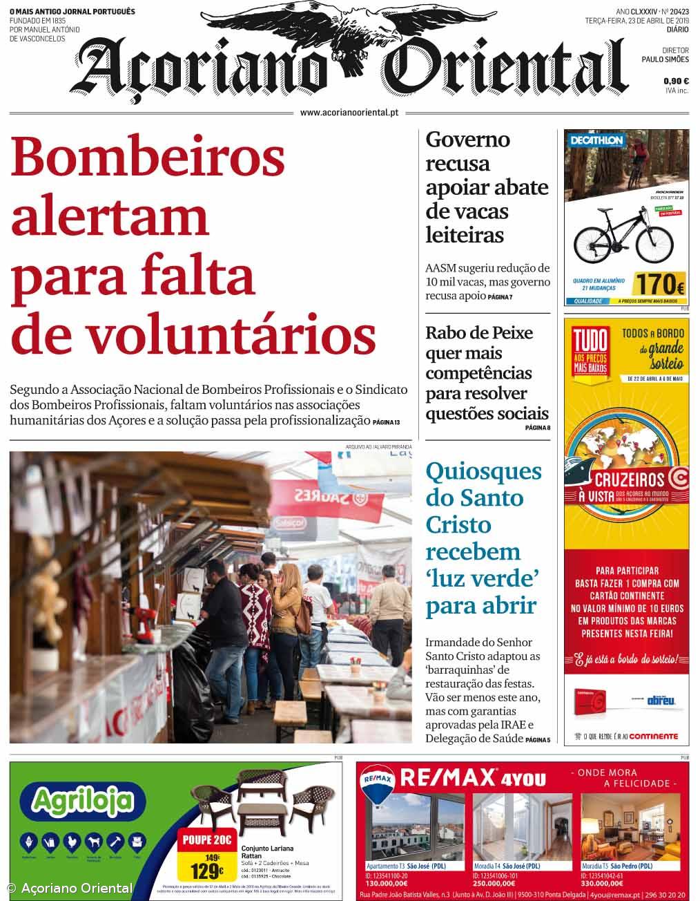 "Bombeiros alertam para falta de voluntários" é a manchete do Açoriano Oriental – Imagem 1