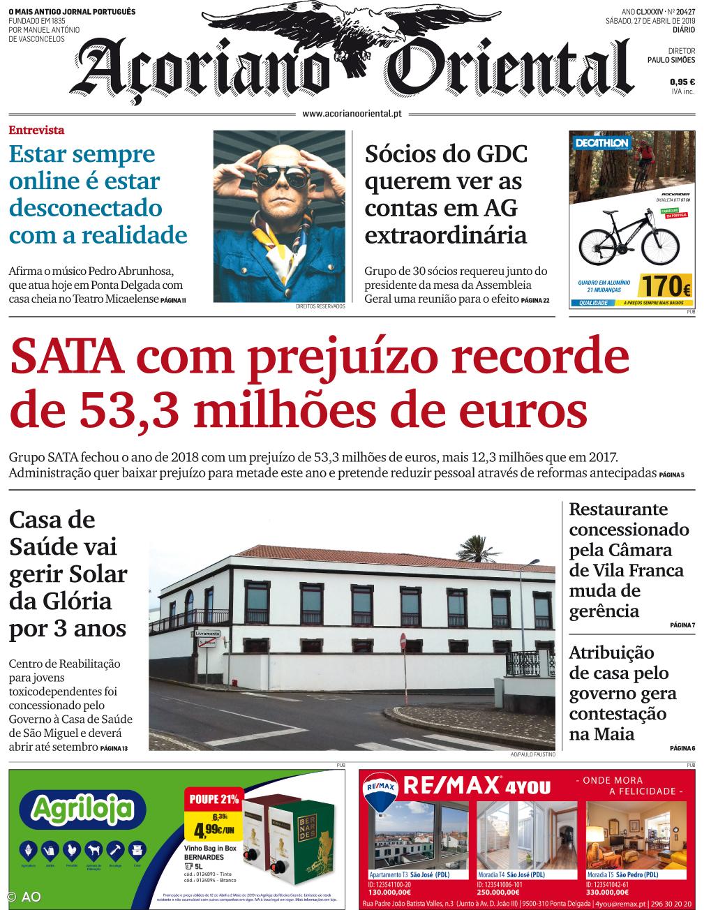 "SATA com prejuízo recorde de 53,3 milhões de euros" é a manchete do Açoriano Oriental – Imagem 1