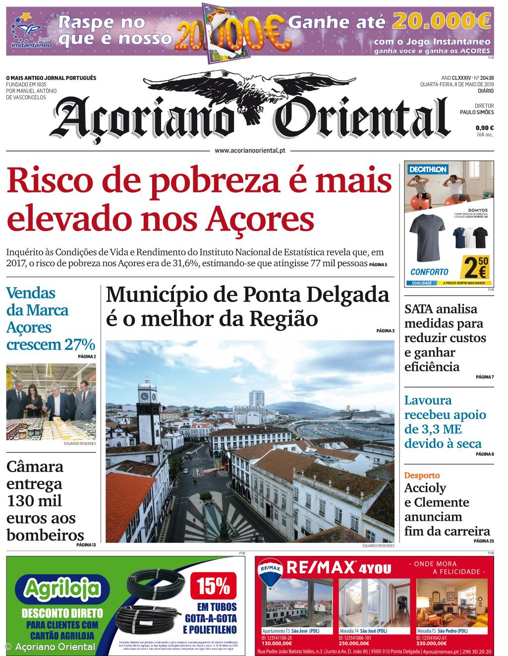 "Risco de pobreza é mais elevado nos Açores" é a manchete do Açoriano Oriental – Imagem 1