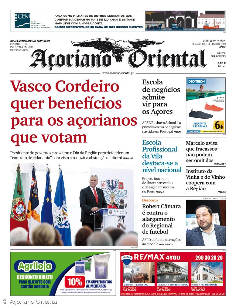 "Vasco Cordeiro quer benefícios para os açorianos que votam" é a manchete do Açoriano Oriental – Imagem 1