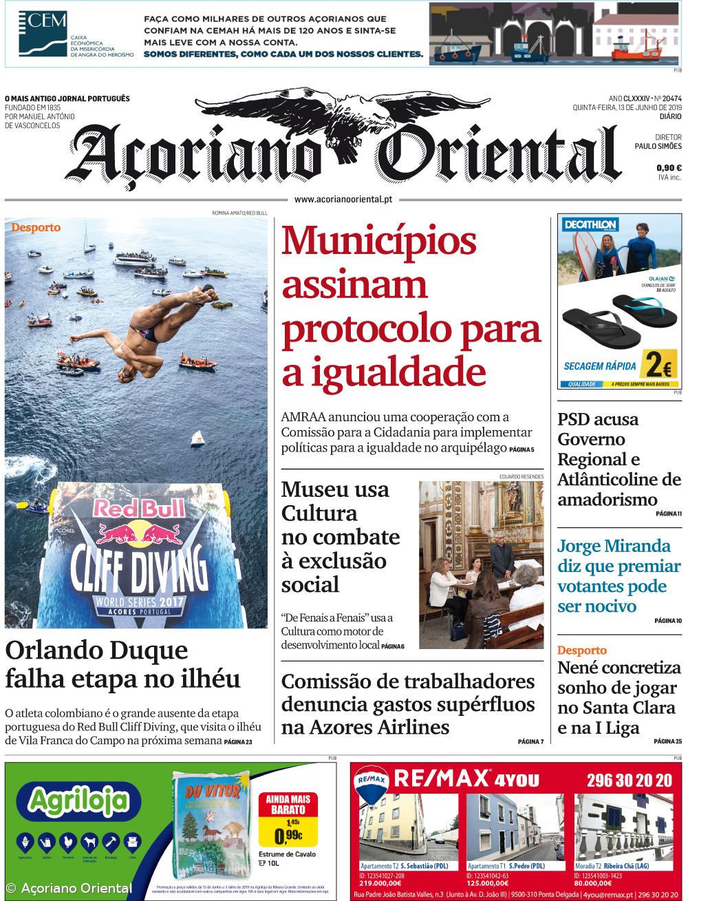 "Municípios assinam protocolo para a igualdade" é a manchete do Açoriano Oriental  – Imagem 1