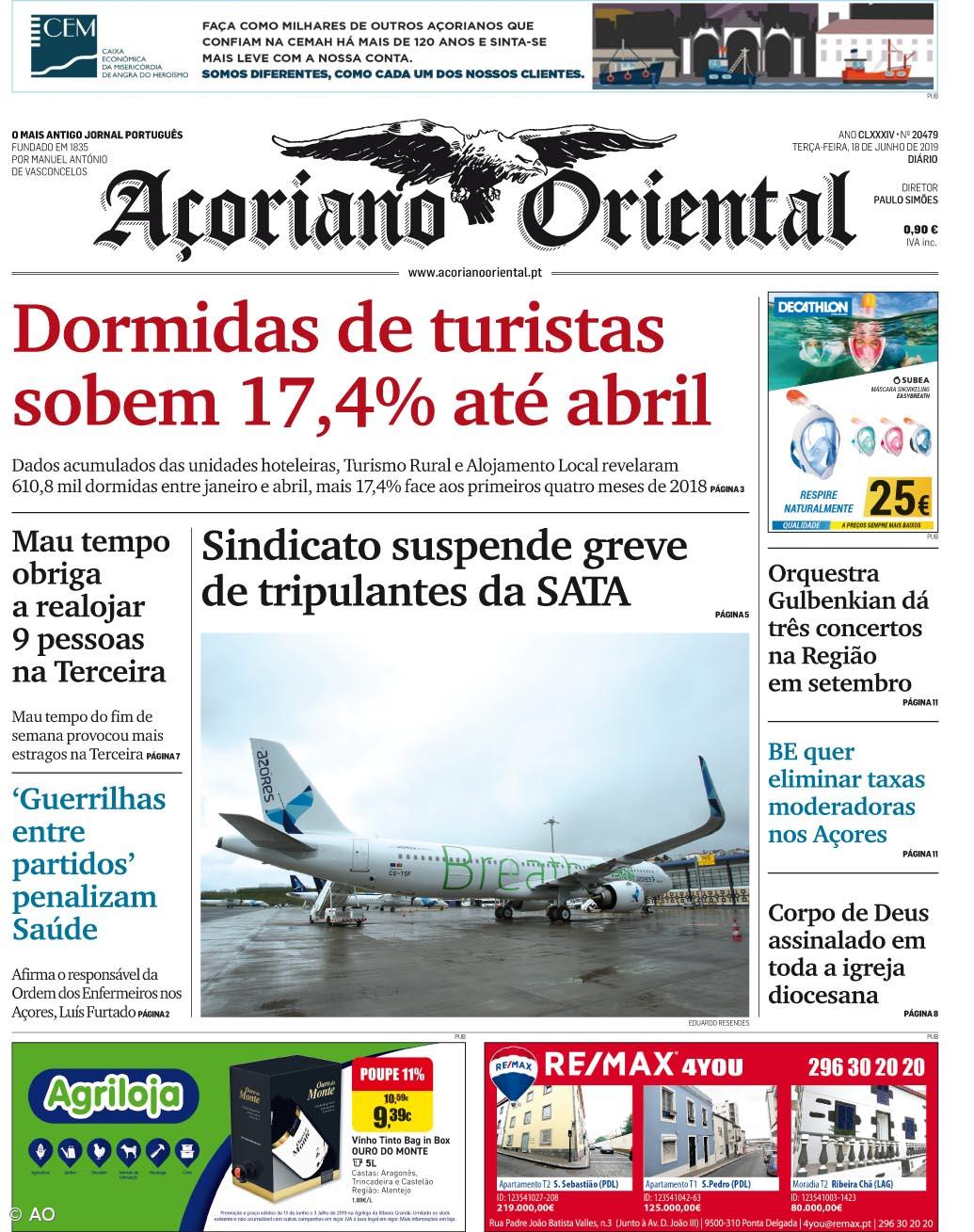 "Dormidas de turistas sobem 17,4% até abril" é a manchete do Açoriano Oriental – Imagem 1