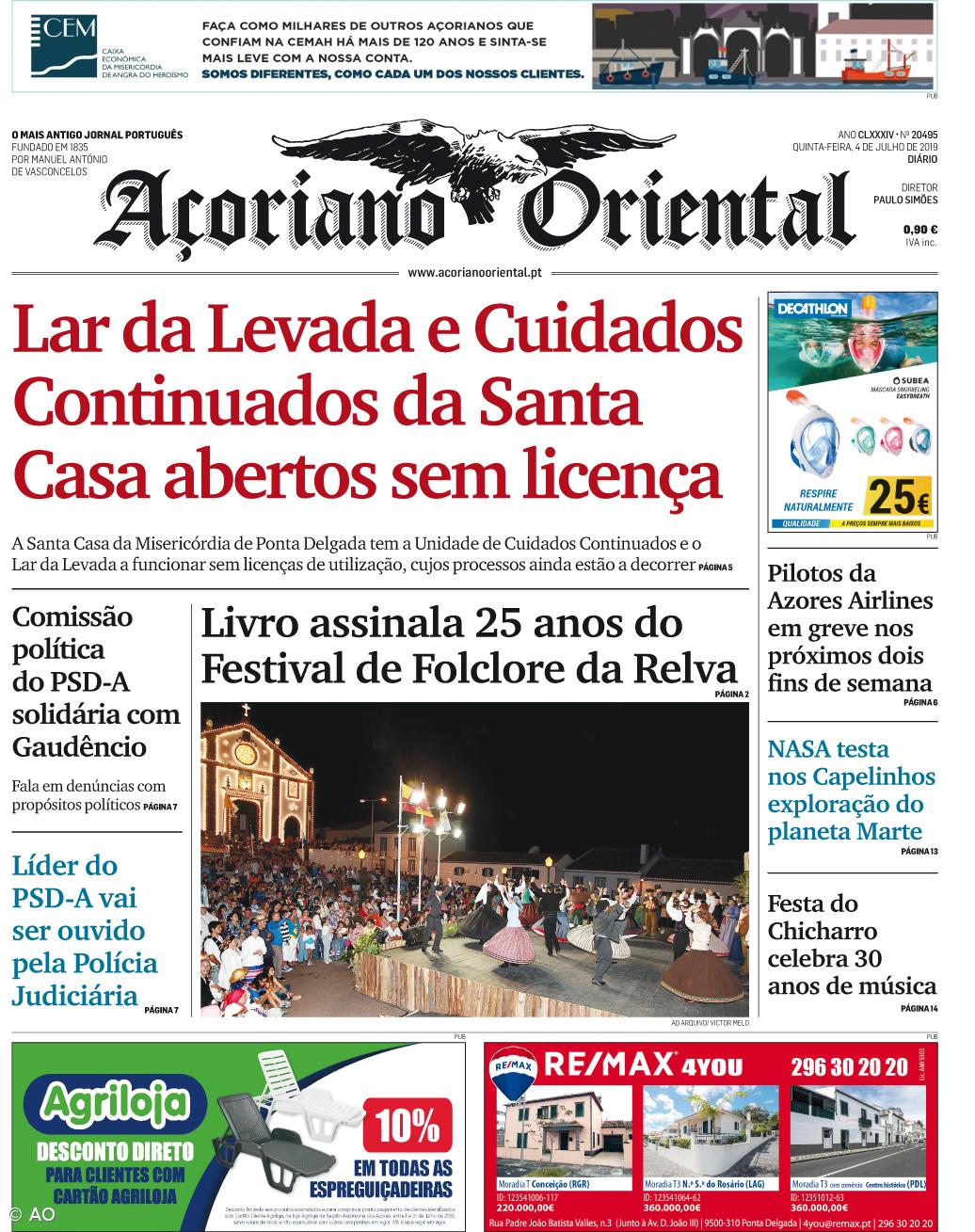 "Lar da Levada e Cuidados Continuados da Santa Casa abertos sem licença" é a manchete do Açoriano Oriental – Imagem 1