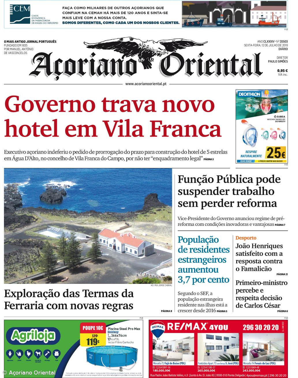 "Governo trava novo hotel em Vila Franca" é a manchete do Açoriano Oriental – Imagem 1