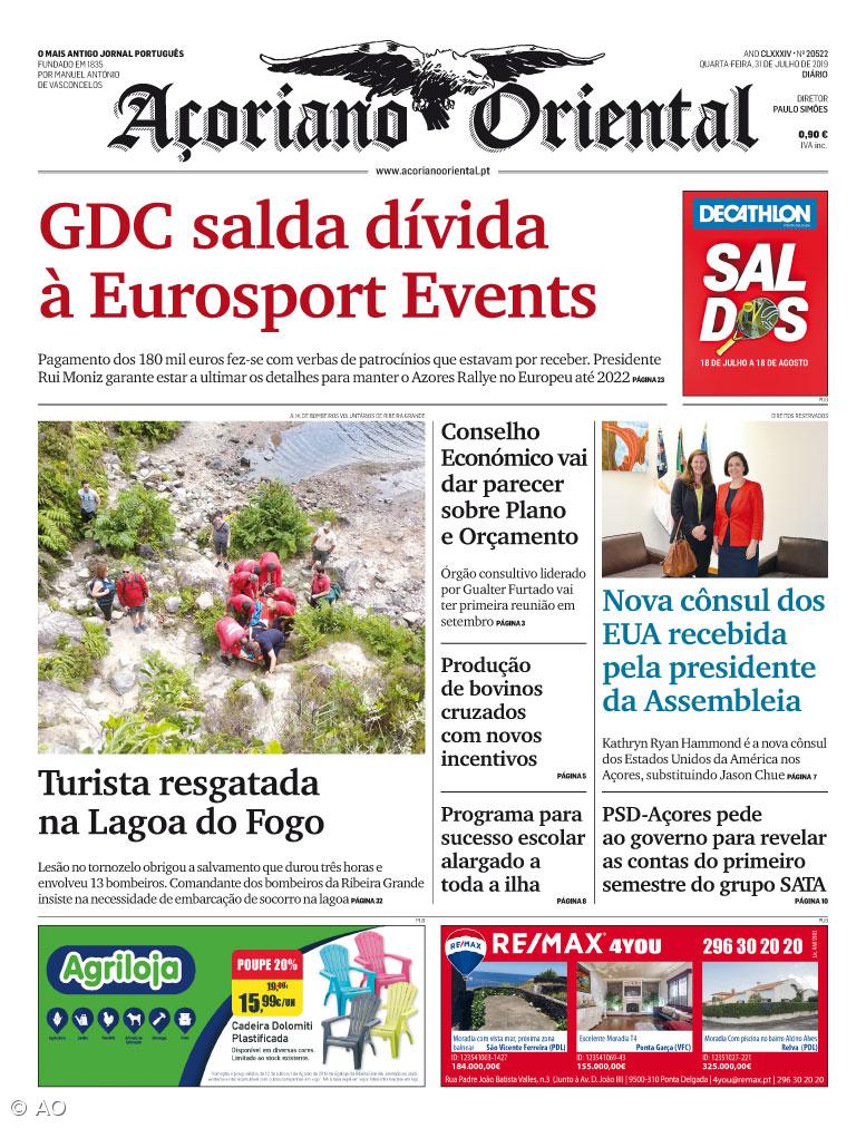 "GDC salda dívida à Eurosport Events" é a manchete do Açoriano Oriental – Imagem 1