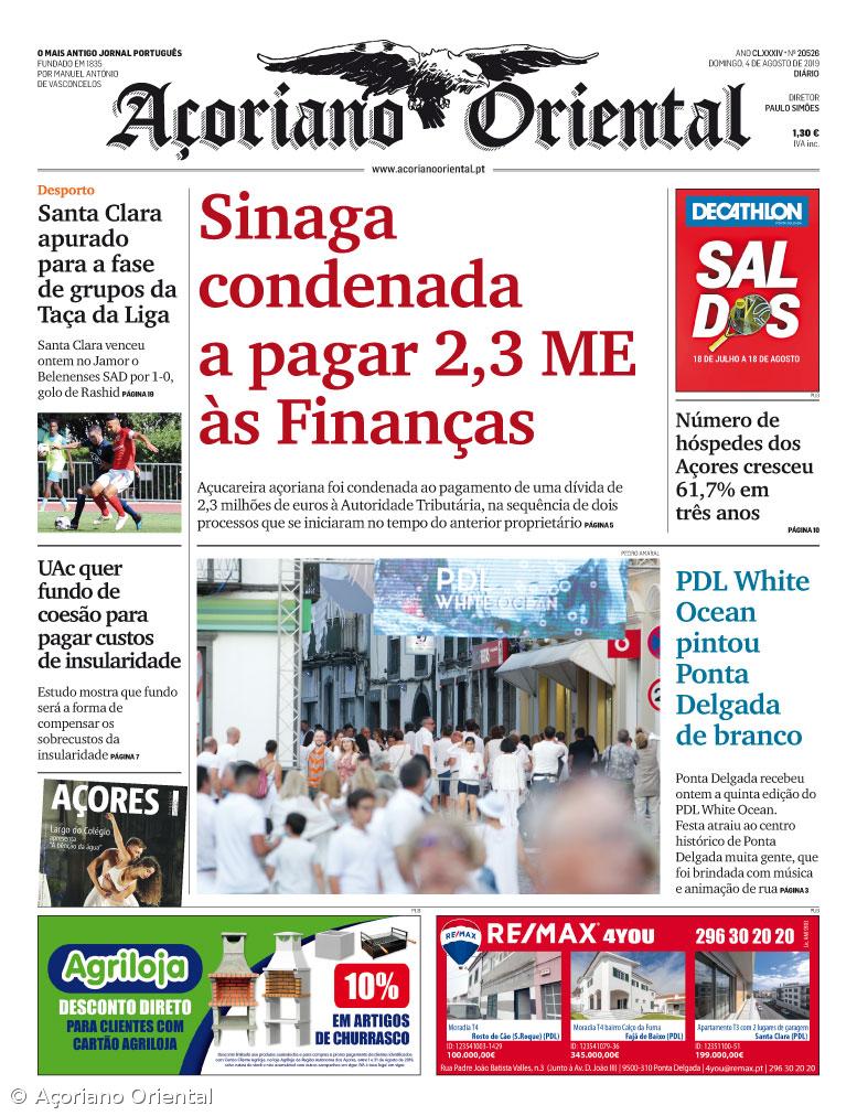 "Sinaga condenada a pagar 2,3 ME às Finanças" é a manchete do Açoriano Oriental – Imagem 1