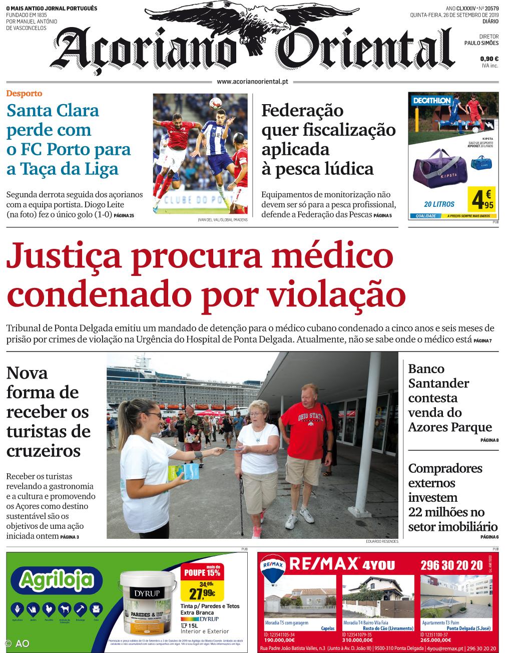 "Justiça procura médico condenado por violação" é a manchete do Açoriano Oriental – Imagem 1