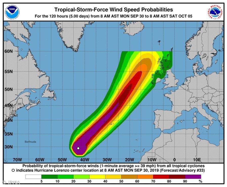 Furacão Lorenzo a aproximadamente 1650 km a oeste/sudoeste dos Açores – Imagem 1