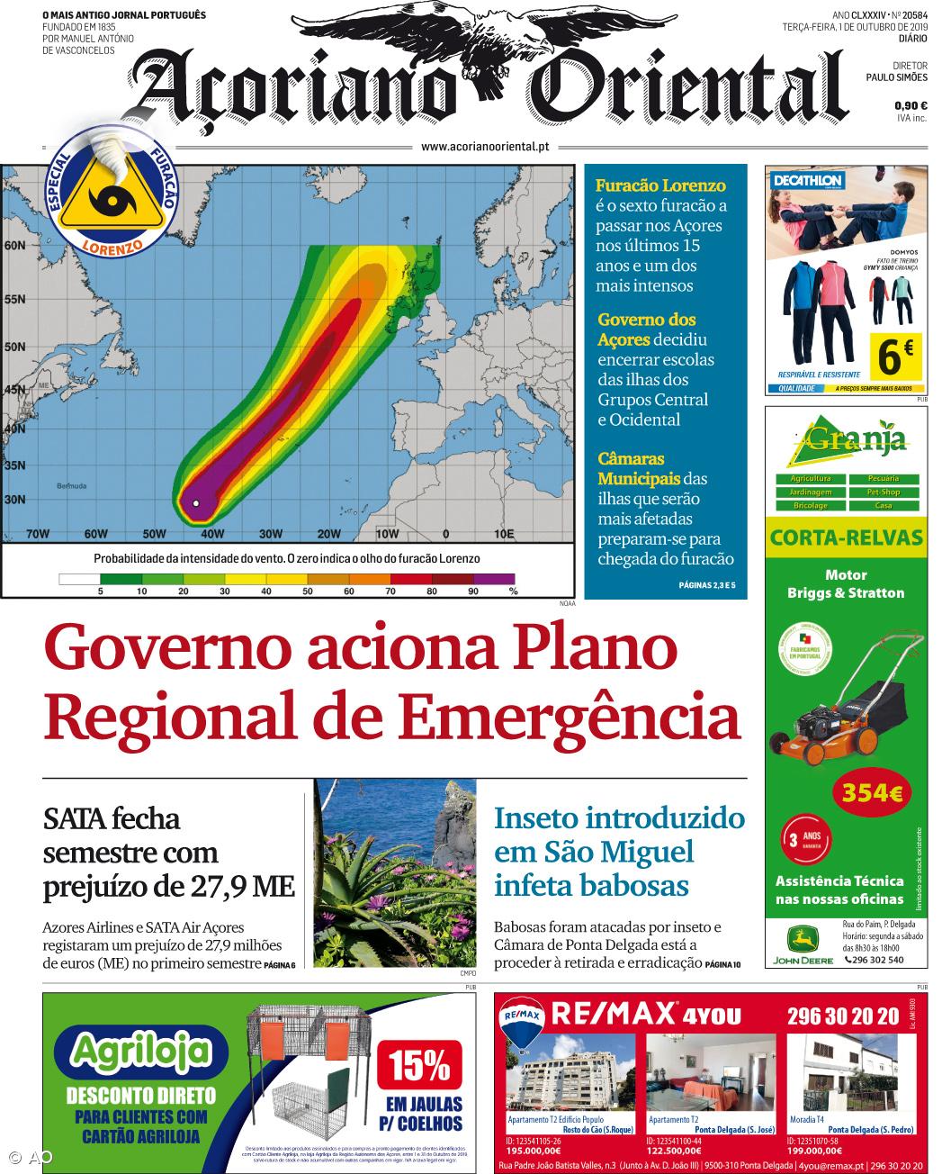 "Governo aciona Plano Regional de Emergência" é a manchete do Açoriano Oriental – Imagem 1