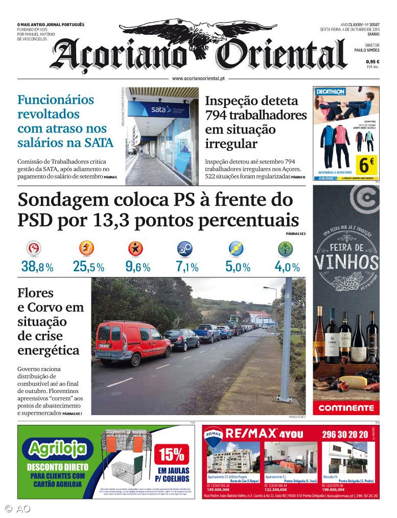 "Sondagem coloca PS à frente do PSD por 13,3 pontos percentuais" é a manchete do Açoriano Oriental – Imagem 1