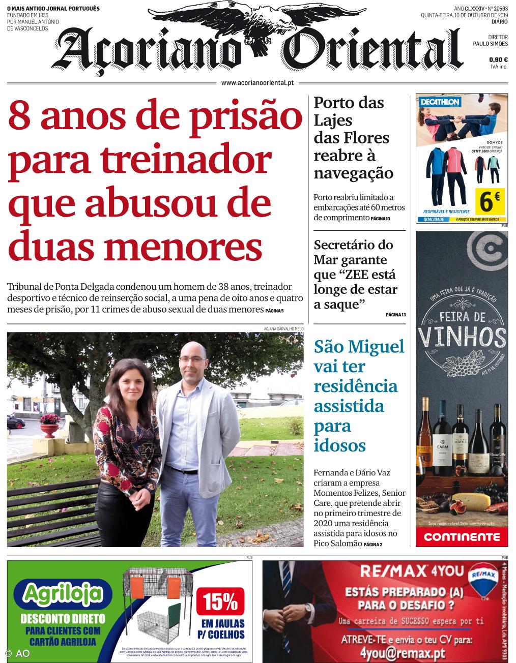 "8 anos de prisão para treinador que abusou de duas menores" é a manchete do Açoriano Oriental – Imagem 1