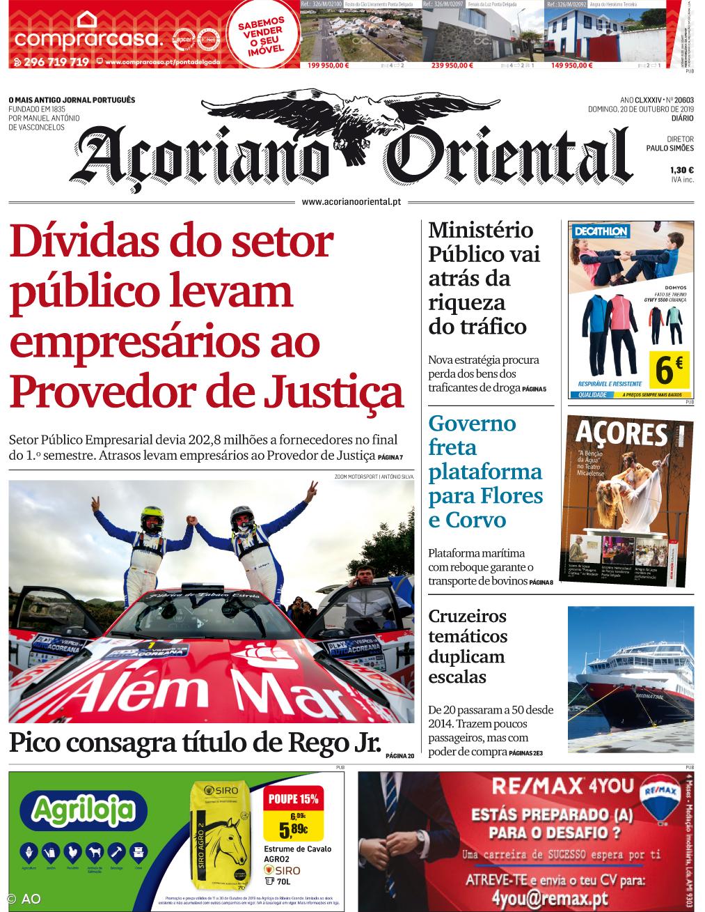 "Dívidas do setor público levam empresários ao Provedor de Justiça" é a manchete do Açoriano Oriental – Imagem 1