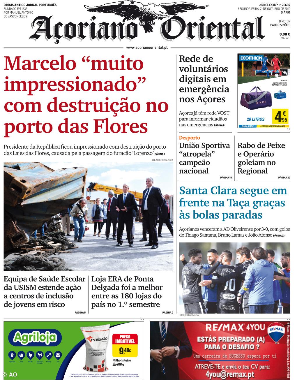 "Marcelo 'muito impressionado' com destruição no porto das Flores" é a manchete do Açoriano Oriental – Imagem 1