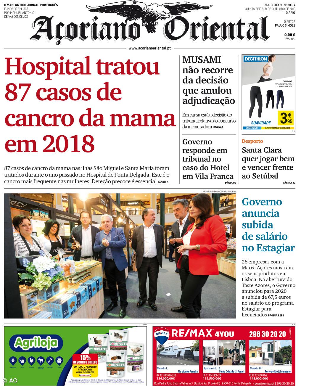 "Hospital tratou 87 casos de cancro da mama em 2018" é a manchete do Açoriano Oriental – Imagem 1