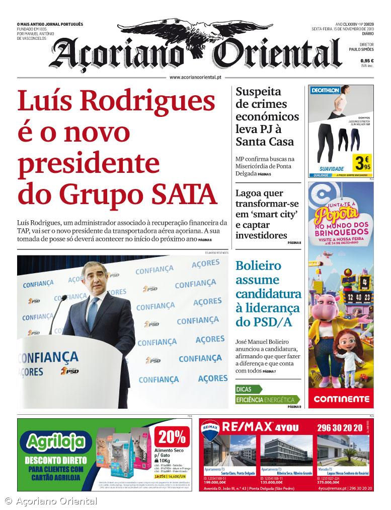 "Luís Rodrigues é o novo presidente do Grupo SATA" é a manchete do Açoriano Oriental – Imagem 1