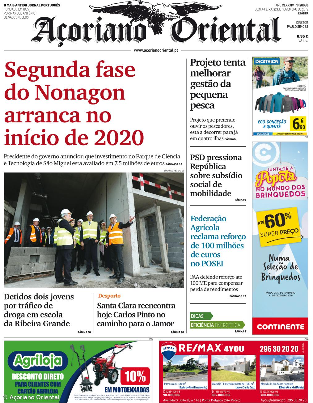 "Segunda fase do Nonagon arranca no início de 2020" é a manchete do Açoriano Oriental – Imagem 1