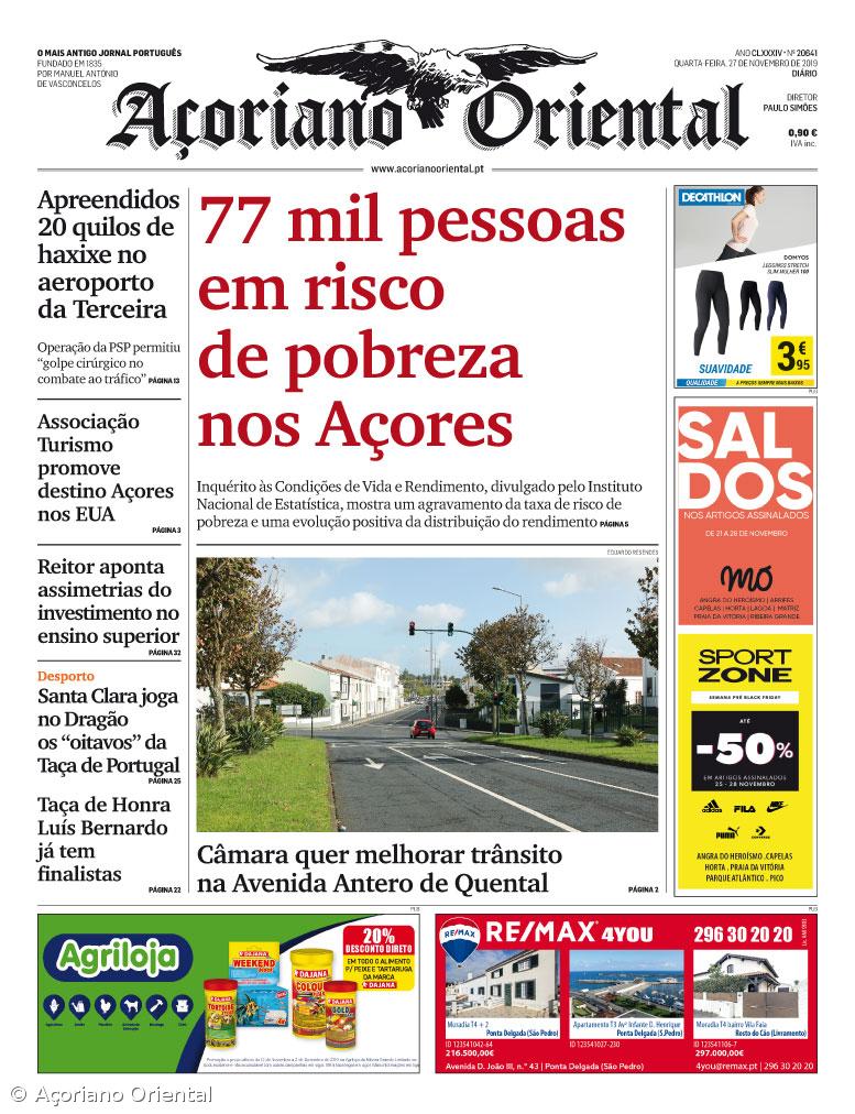 "77 mil pessoas em risco de pobreza nos Açores" é a manchete do Açoriano Oriental – Imagem 1