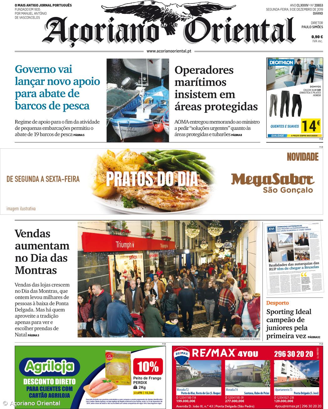 "Governo vai lançar novo apoio para abate de barcos de pesca" é a manchete do Açoriano Oriental – Imagem 1