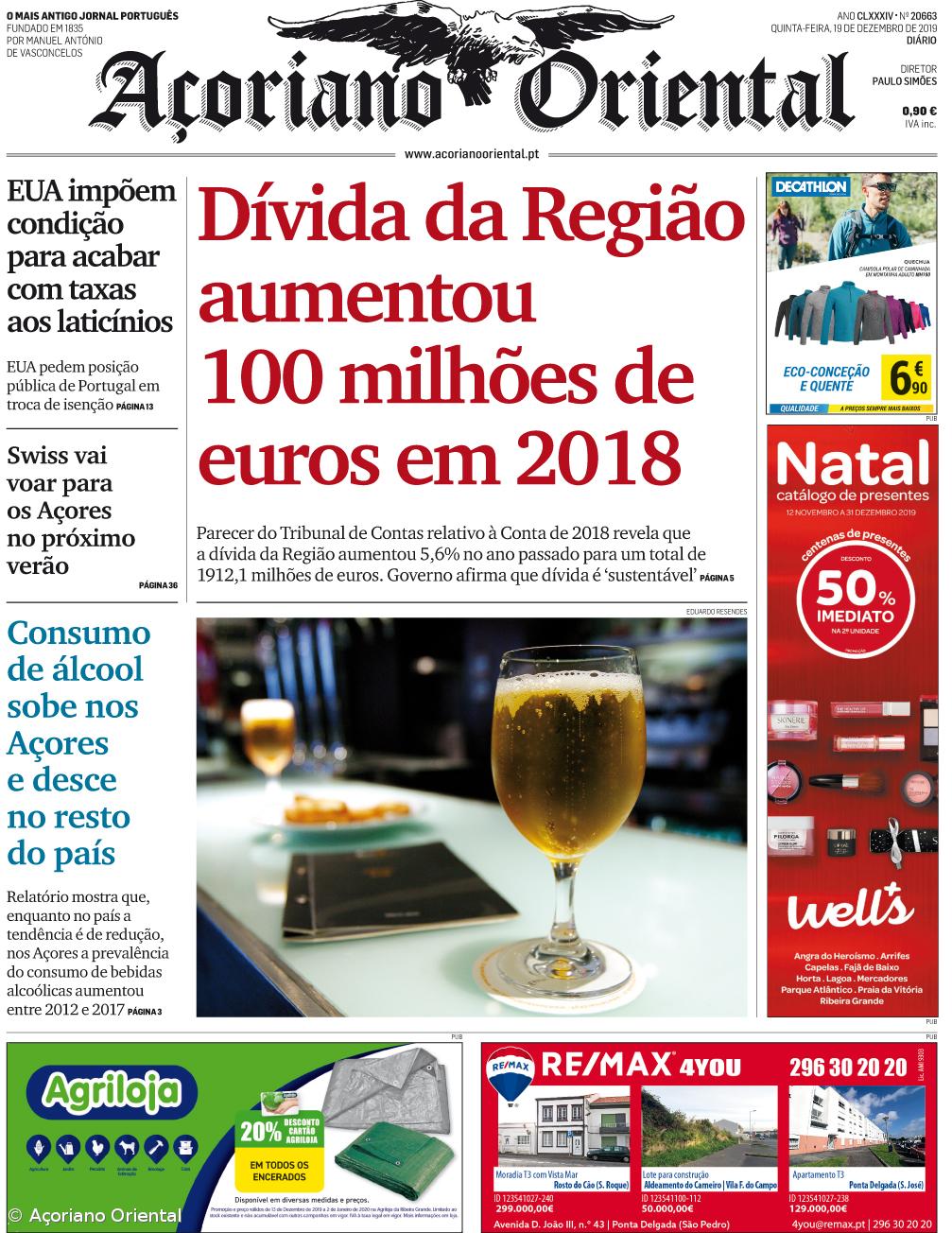 "Dívida da Região aumentou 100 milhões de euros em 2018" é a manchete do Açoriano Oriental – Imagem 1