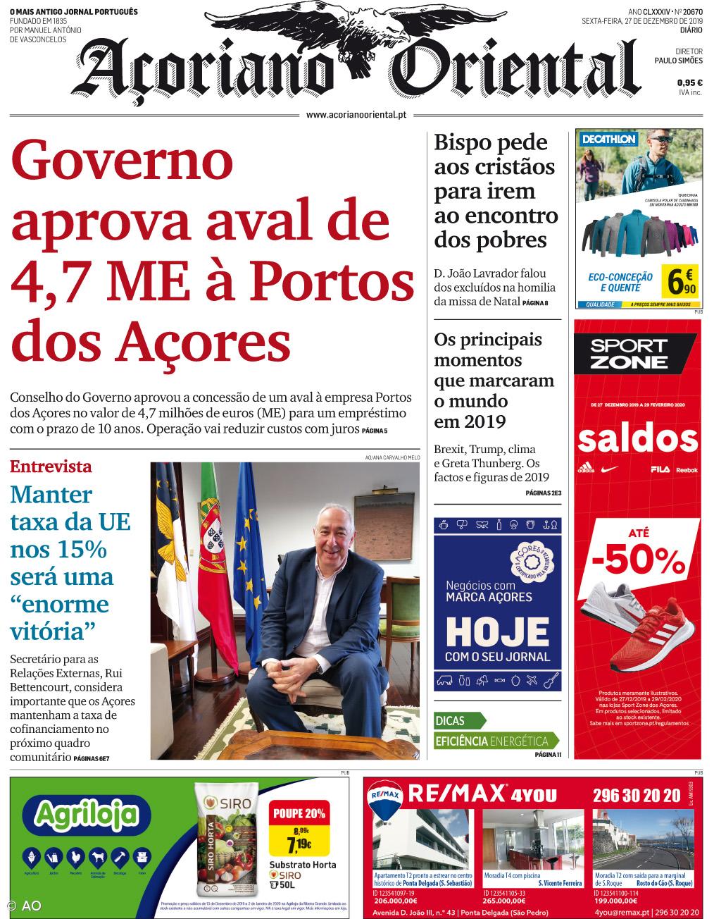 "Governo aprova aval de 4,7 ME à Portos dos Açores" é a manchete do Açoriano Oriental – Imagem 1