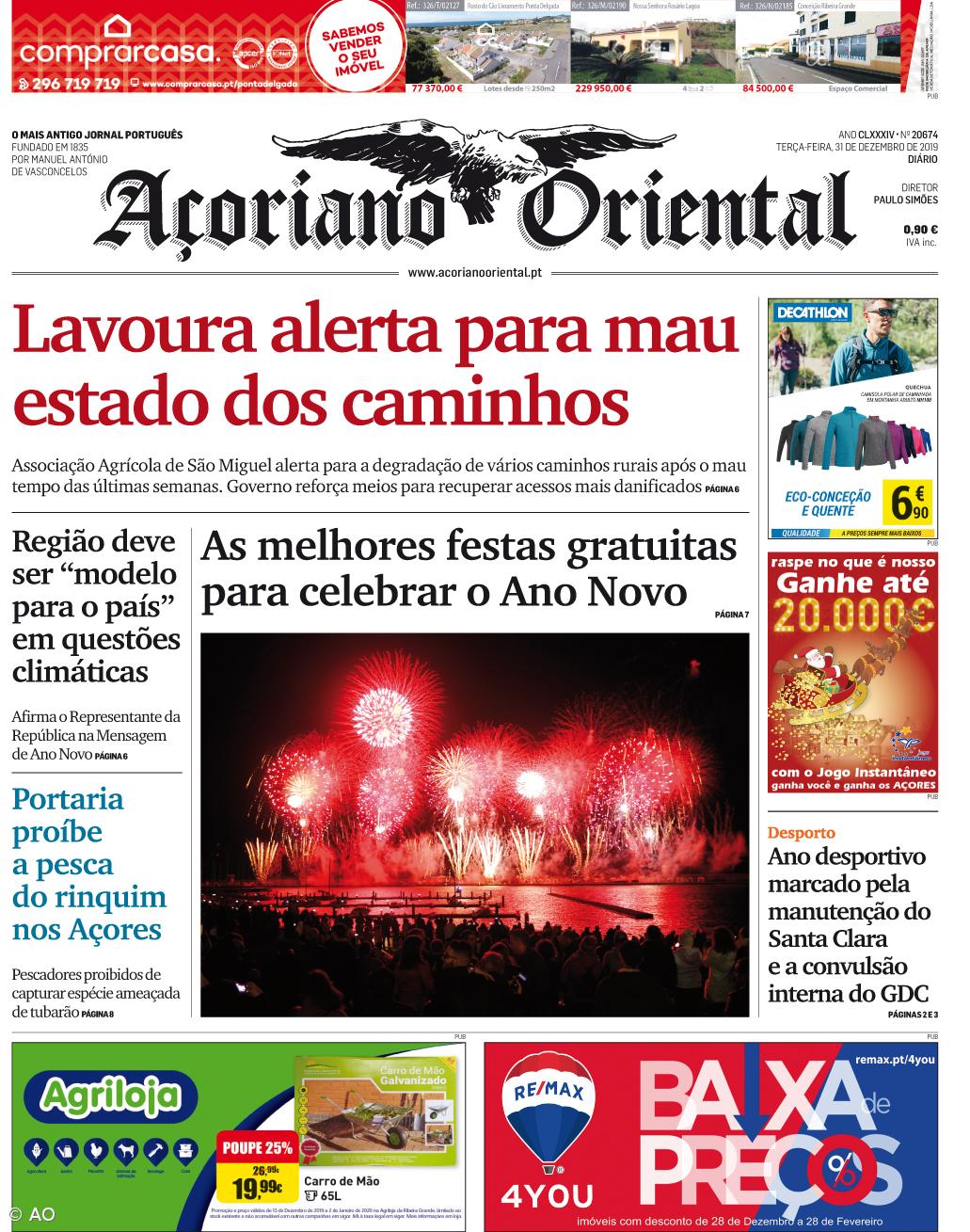 "Lavoura alerta para mau estado dos caminhos" é a manchete do Açoriano Oriental – Imagem 1