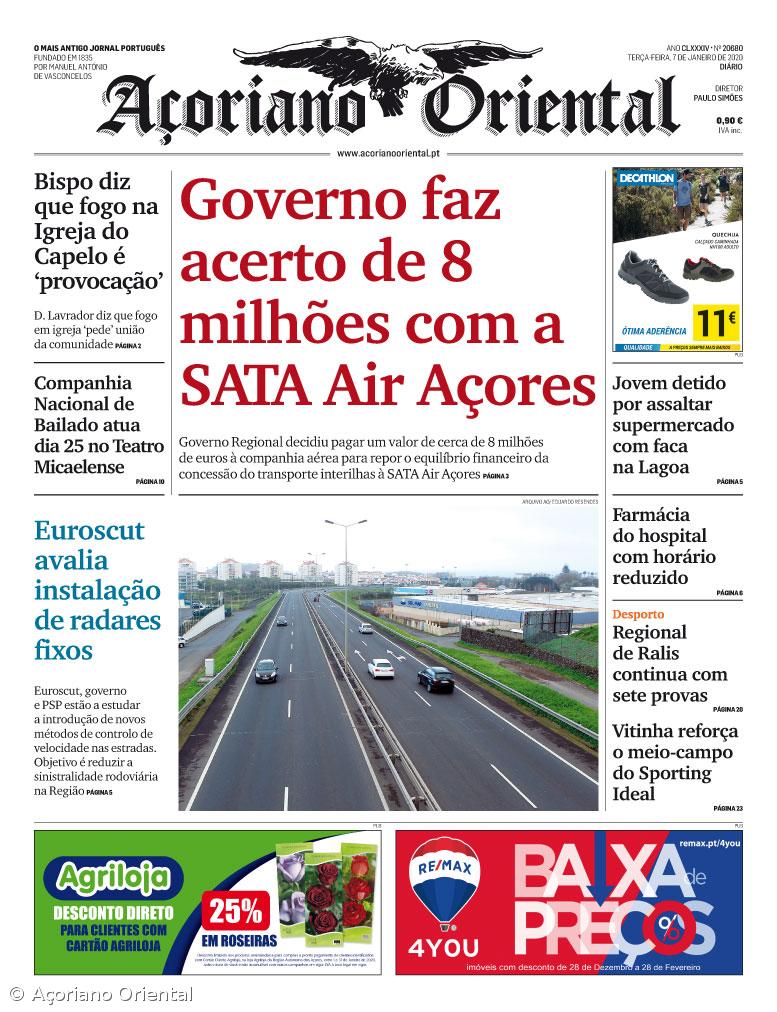 "Governo faz acerto de 8 milhões com a SATA Air Açores" é a manchete do Açoriano Oriental – Imagem 1