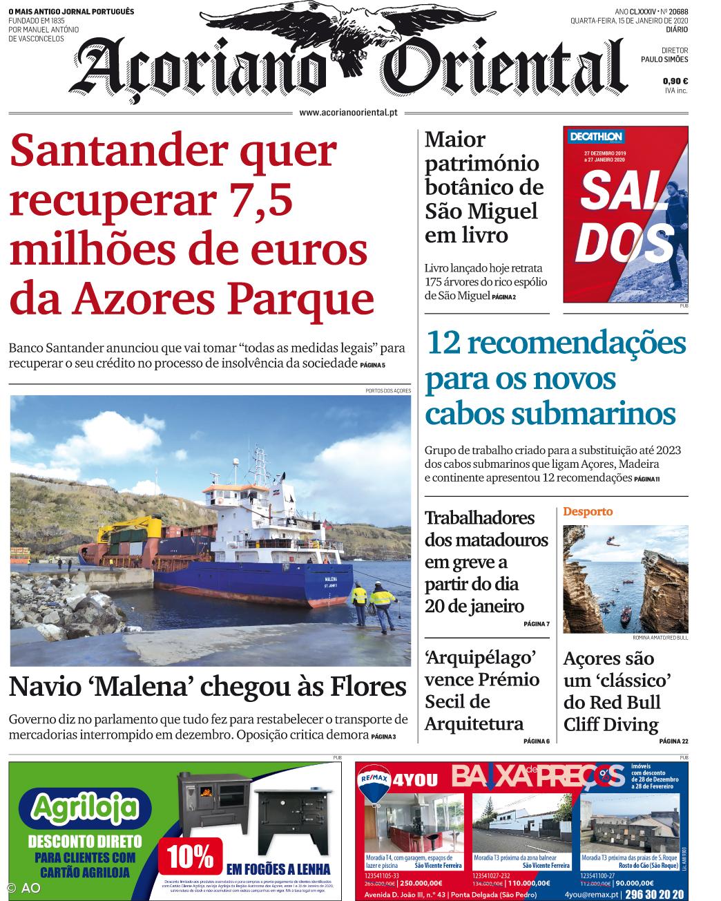 "Santander quer recuperar 7,5 milhões de euros da Azores Parque" é a manchete do Açoriano Oriental – Imagem 1