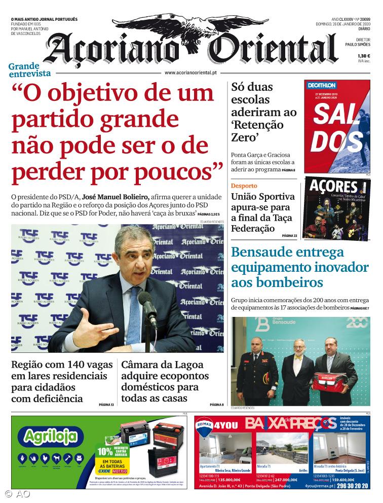 A afirmação do presidente do PSD/Açores de que "o objetivo de um partido grande não pode ser o de perder por poucos" é a manchete do Açoriano Oriental  – Imagem 1