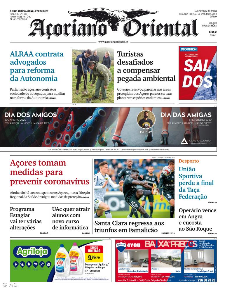 "Assembleia Regional (ALRAA) contrata advogados para reforma da Autonomia" é a manchete do Açoriano Oriental – Imagem 1