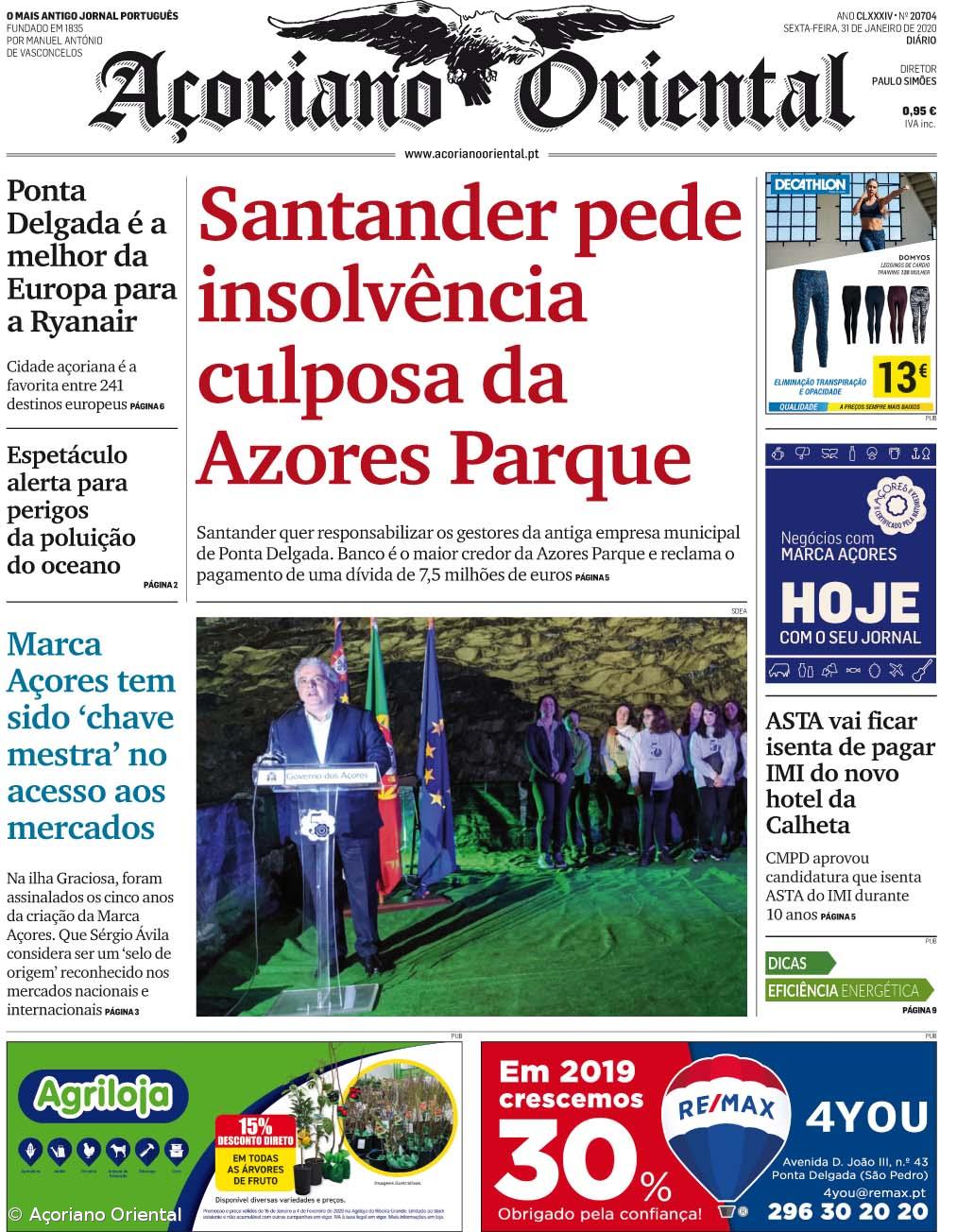 "Santander pede insolvência culposa da Azores Parque" é a manchete do Açoriano Oriental  – Imagem 1