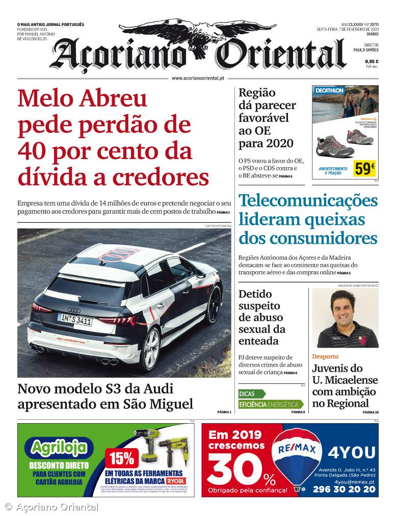 "Melo Abreu pede perdão de 40 por cento da dívida a credores" é a manchete do Açoriano Oriental – Imagem 1
