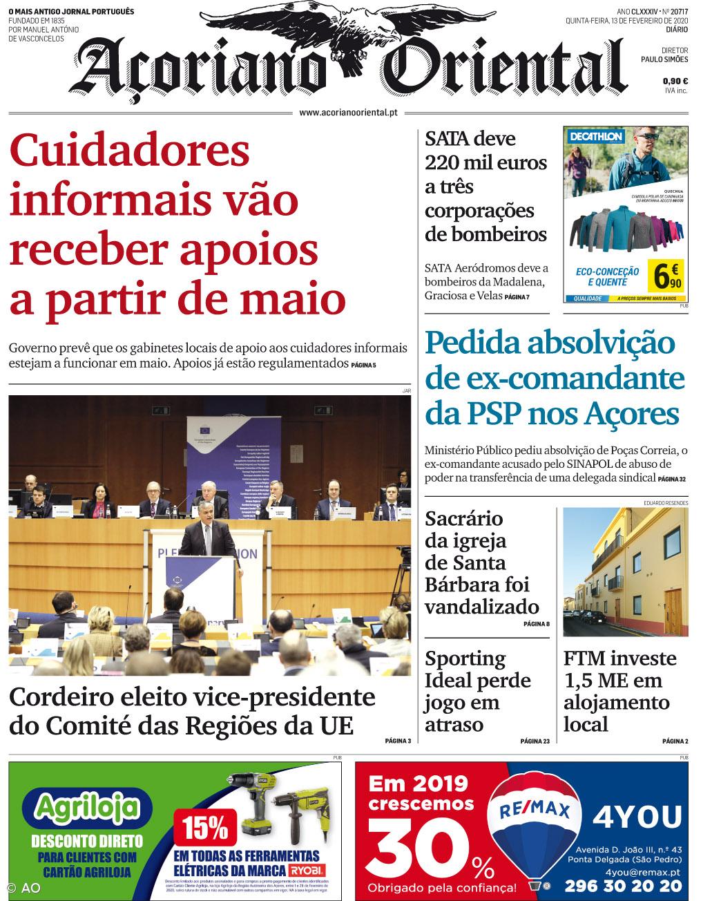 "Cuidadores informais vão receber apoios a partir de maio" é a manchete do Açoriano Oriental – Imagem 1