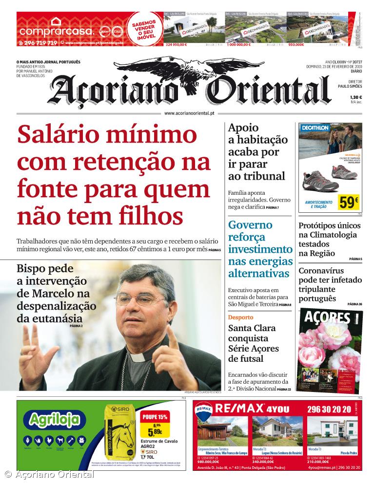 "Salário mínimo com retenção na fonte para quem não tem filhos" é a manchete do Açoriano Oriental – Imagem 1