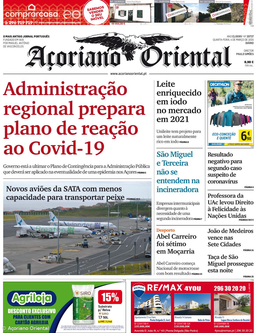 "Administração regional prepara plano de reação ao Covid-19" é a manchete do Açoriano Oriental  – Imagem 1