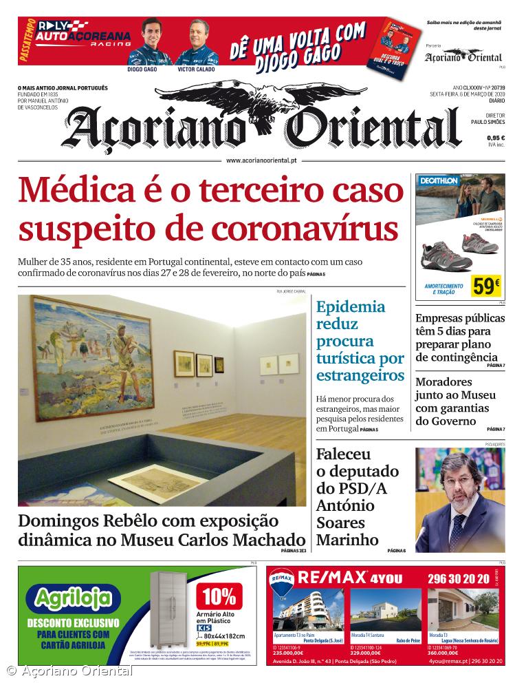 "Médica é o terceiro caso suspeito de coronavírus" é a manchete do Açoriano Oriental – Imagem 1