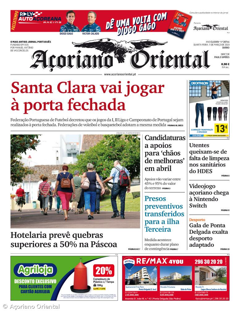 "Santa Clara vai jogar à porta fechada" é a manchete do Açoriano Oriental  – Imagem 1