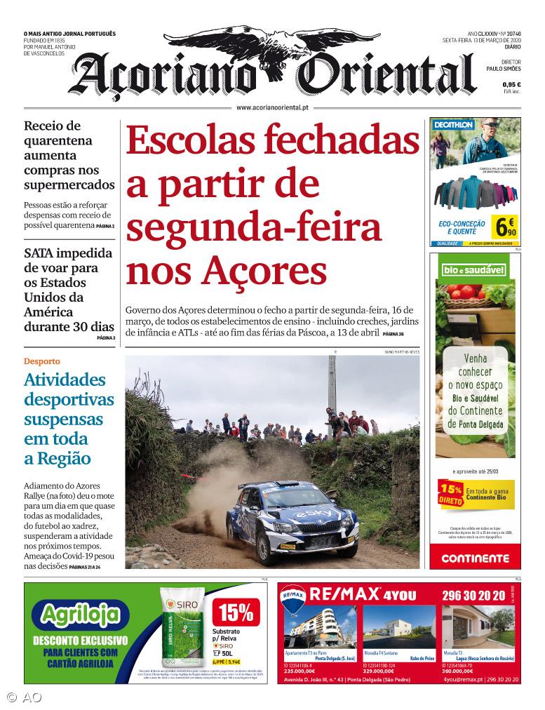 "Escolas fechadas a partir de segunda-feira nos Açores" é a manchete do Açoriano Oriental – Imagem 1