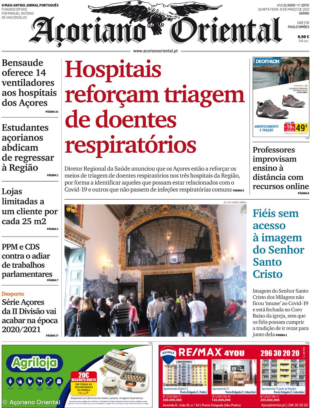 "Hospitais reforçam triagem de doentes respiratórios" é a manchete do Açoriano Oriental – Imagem 1