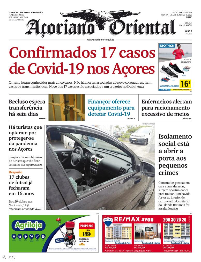 "Confirmados 17 casos de Covid-19 nos Açores" é a manchete do Açoriano Oriental – Imagem 1