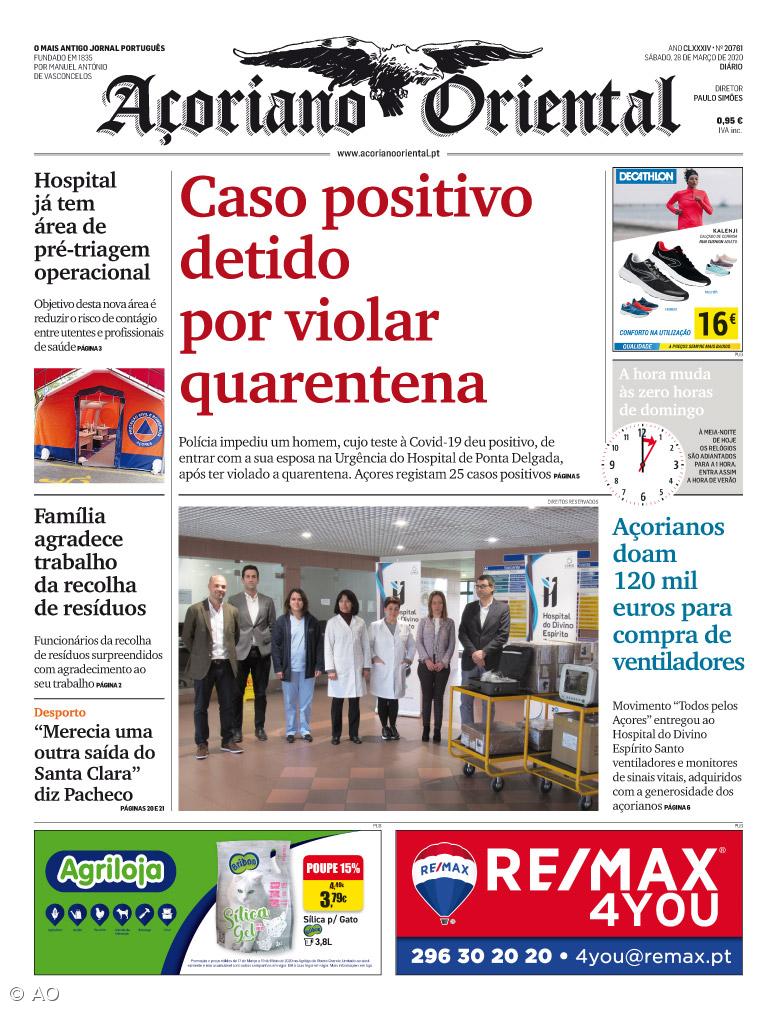 "Caso positivo detido por violar quarentena" é a manchete do Açoriano Oriental – Imagem 1