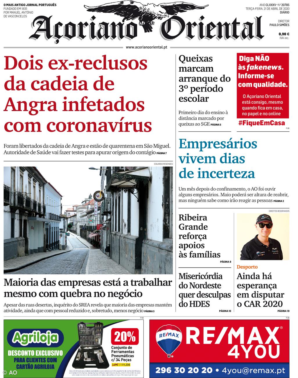 "Dois ex-reclusos da cadeia de Angra infetados com coronavírus" é a manchete do Açoriano Oriental – Imagem 1