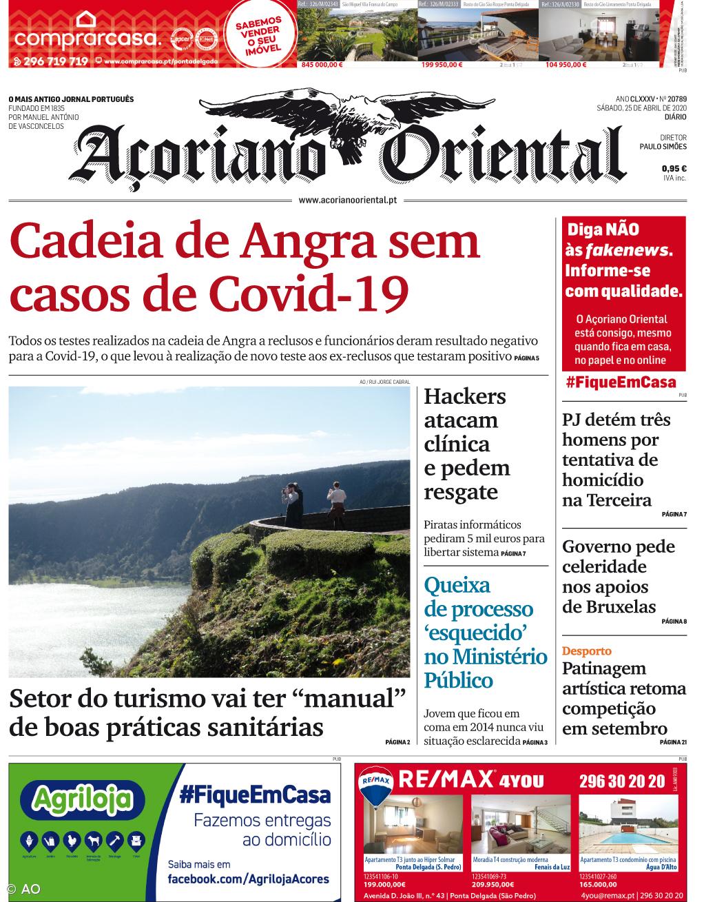 "Cadeia de Angra sem casos de Covid-19" é a manchete do Açoriano Oriental – Imagem 1