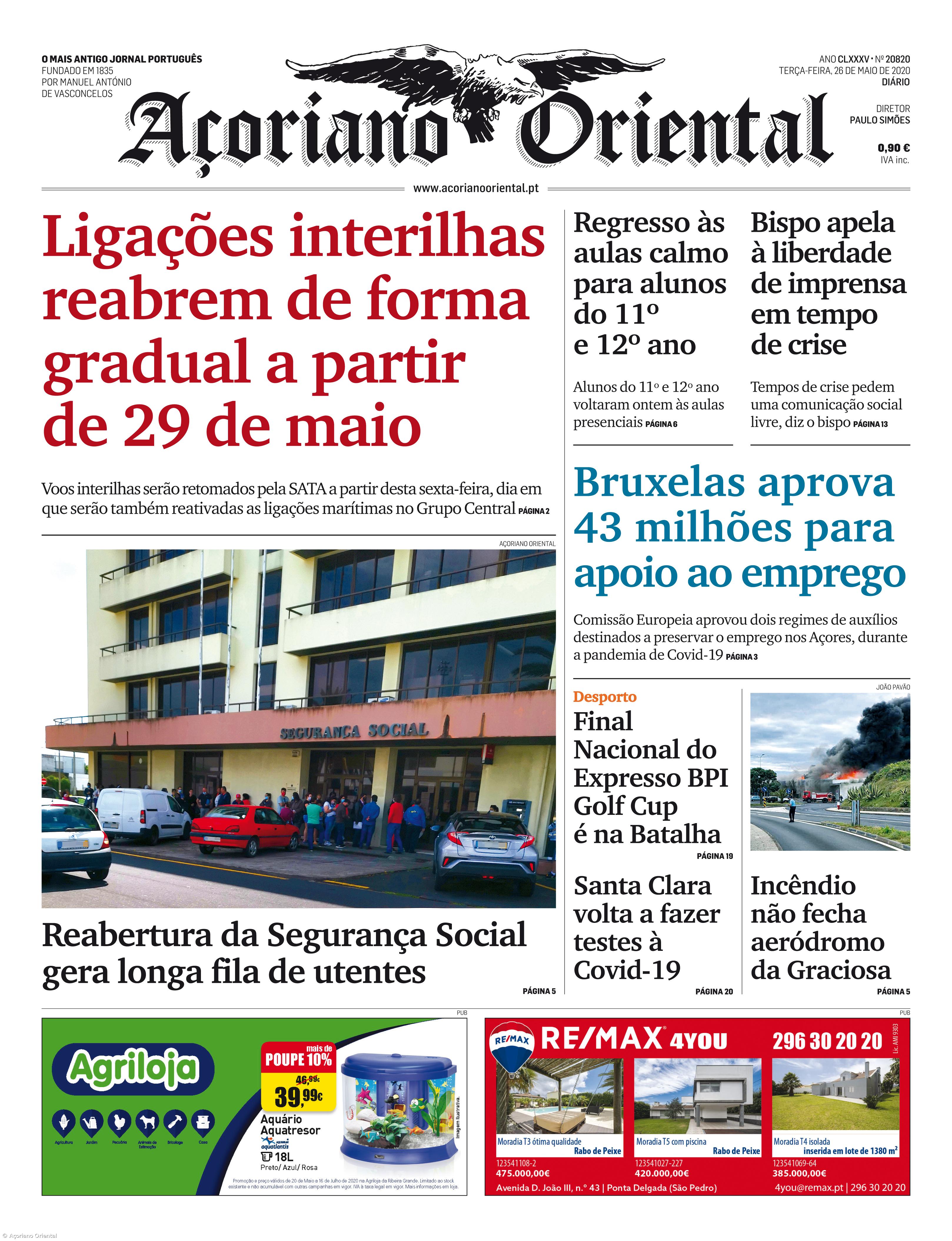 "Ligações interilhas reabrem de forma gradual a partir de 29 de maio" é a manchete do Açoriano Oriental – Imagem 1