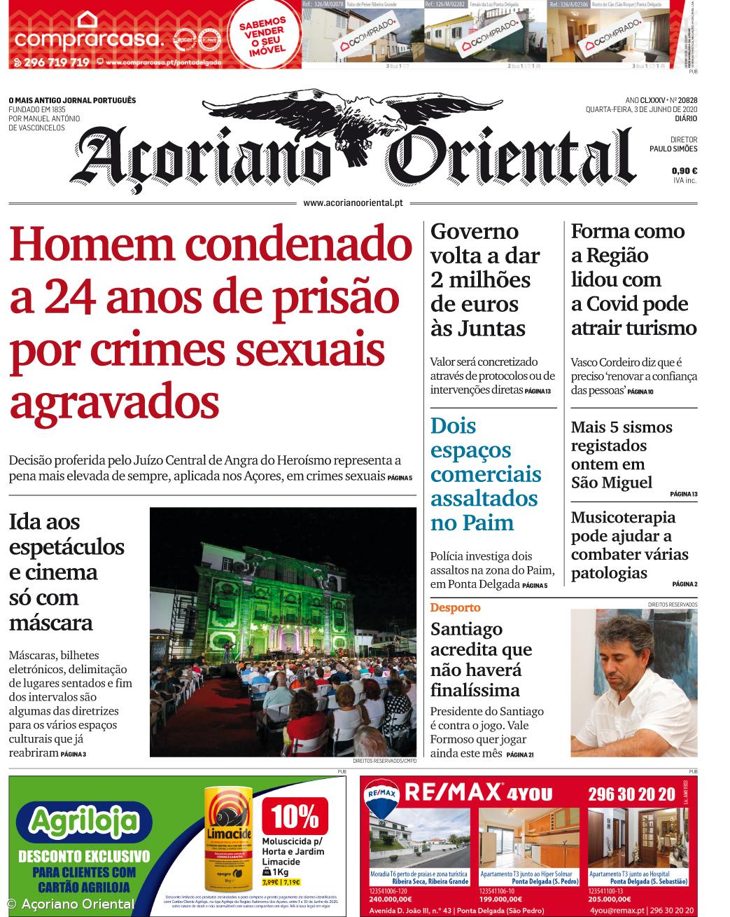 "Homem condenado a 24 anos de prisão por crimes sexuais agravados" é a manchete do Açoriano Oriental – Imagem 1