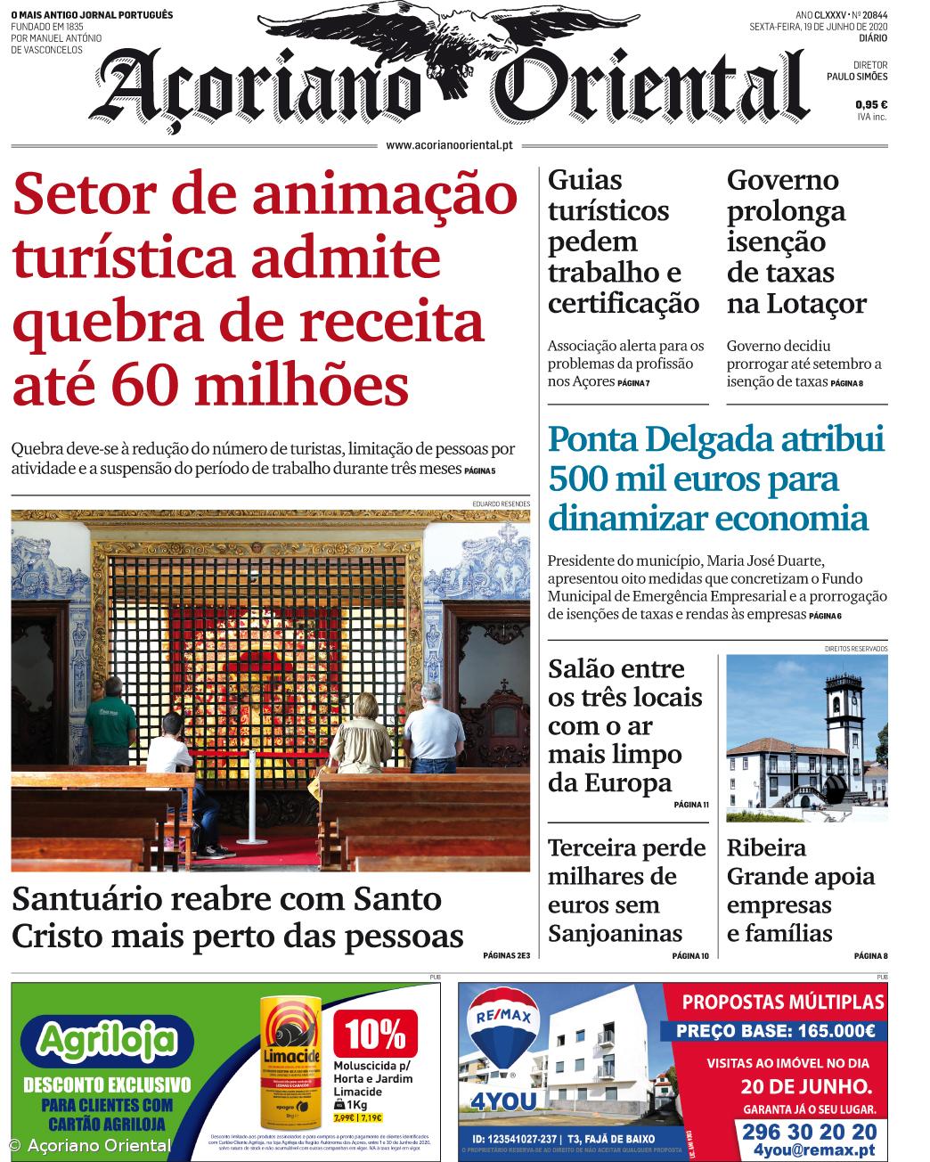 "Setor de animação turística admite quebra de receita até 60 milhões" é a manchete do Açoriano Oriental – Imagem 1